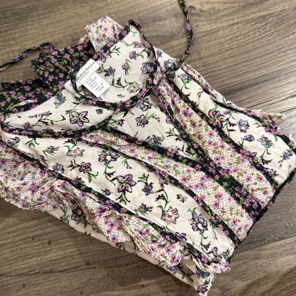 Carolina Belle Montreal Floral Flutter Sleeve‎ Cotton Blouse XS White Purple